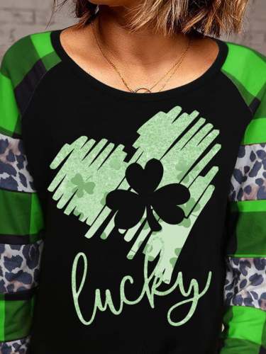 St. Patrick'S Day Leopard Plaid Clover Heart Print T-Shirt