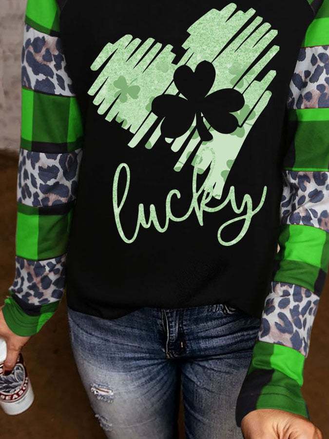 St. Patrick'S Day Leopard Plaid Clover Heart Print T-Shirt