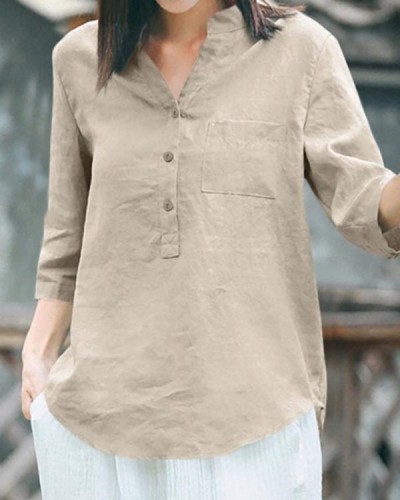 Solid Color Casual Cotton Linen Shirt Button Top