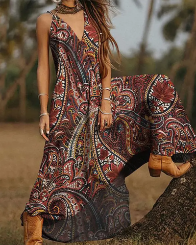 Bohemian Casual V-neck Loose Print Sleeveless Dress