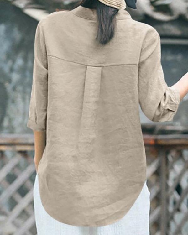 Solid Color Casual Cotton Linen Shirt Button Top
