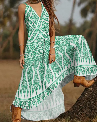 Bohemian Casual V-neck Loose Geometric Print Sleeveless Dress