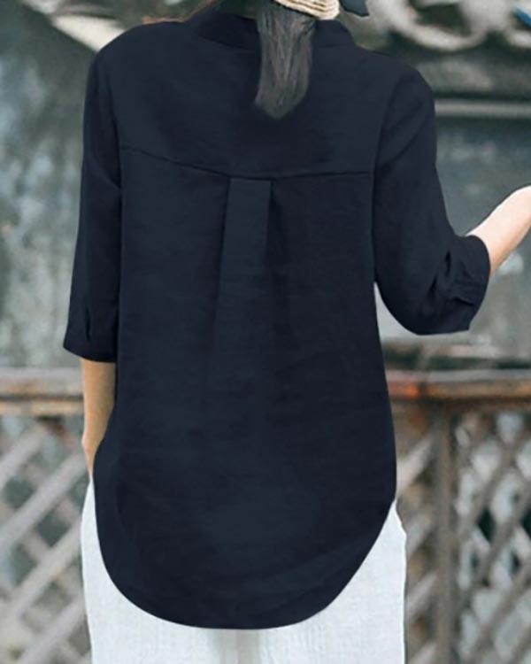 Solid Color Casual Cotton Linen Shirt Button Top