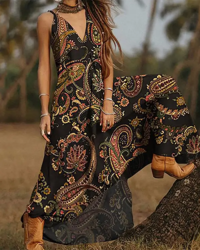 Bohemian Casual V-neck Loose Print Sleeveless Dress