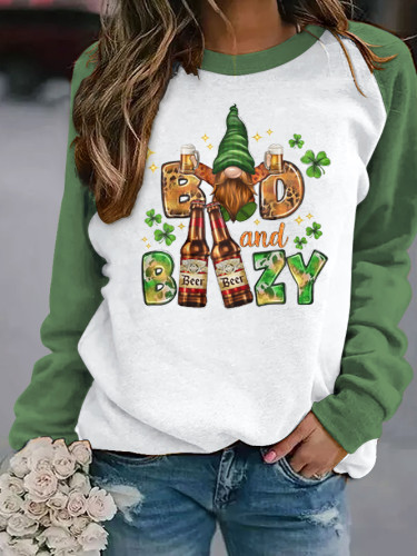 Women's Bad And Boozy With Gnome Round Neck Long Sleeve Sweatshirt