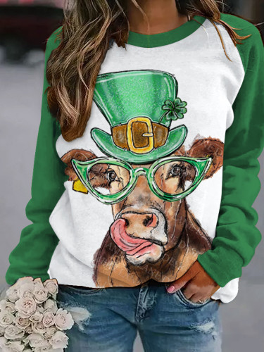 Women's St Patricks Day Cow Round Neck Long Sleeve Sweatshirt