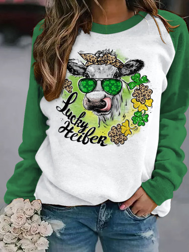 Women's St. Patrick's Day Lucky Heifer Round Neck Long Sleeve Sweatshirt