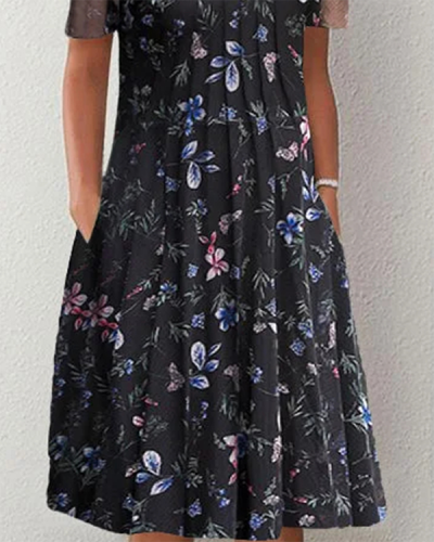 Elegant Round Neck Loose Floral Dress