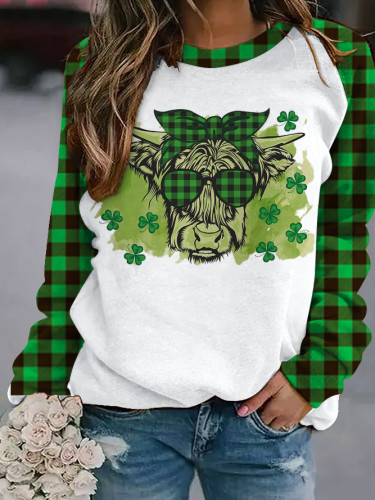 Women's St Patricks Highland Cow Round Neck Long Sleeve Sweatshirt