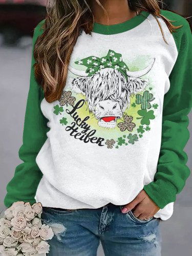 Women's St Patricks Day Highland Cow Round Neck Long Sleeve Sweatshirt