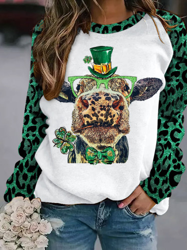 Women's St. Patrick's day Cow Round Neck Long Sleeve Sweatshirt