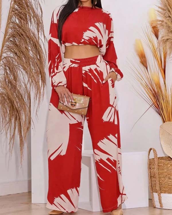 Casual Printed Short Round Neck Top High Waist Wide Leg Pants Two-Piece Set