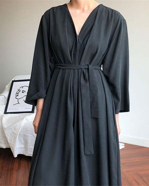 Vintage Cotton Solid Color Loose Long Pleated Tie Dress