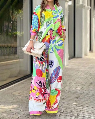 Temperament Lapel Long Sleeve Printed Loose Shirt High Waist Wide Leg Pants Set