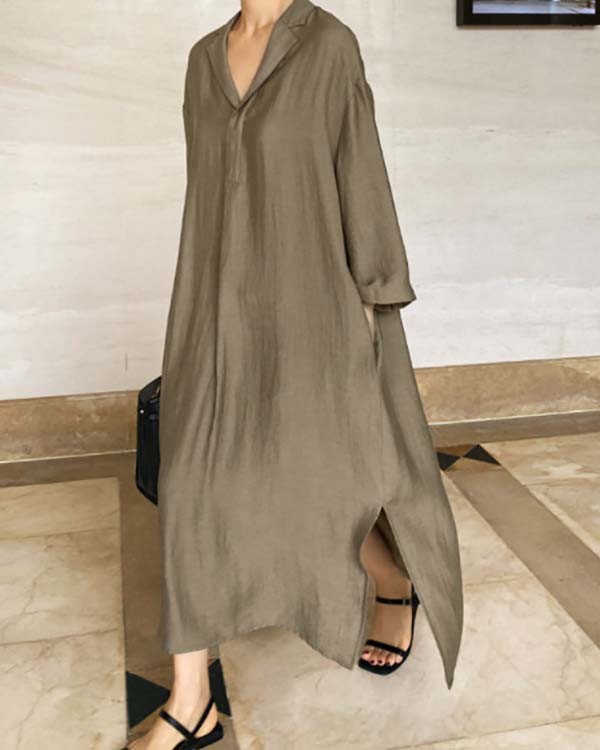 Casual Loose Solid Color Cotton Linen Shirt Dress