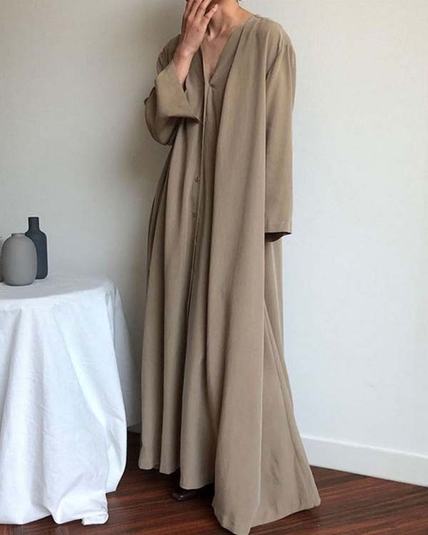 Vintage Cotton Solid Color Loose Long Pleated Tie Dress