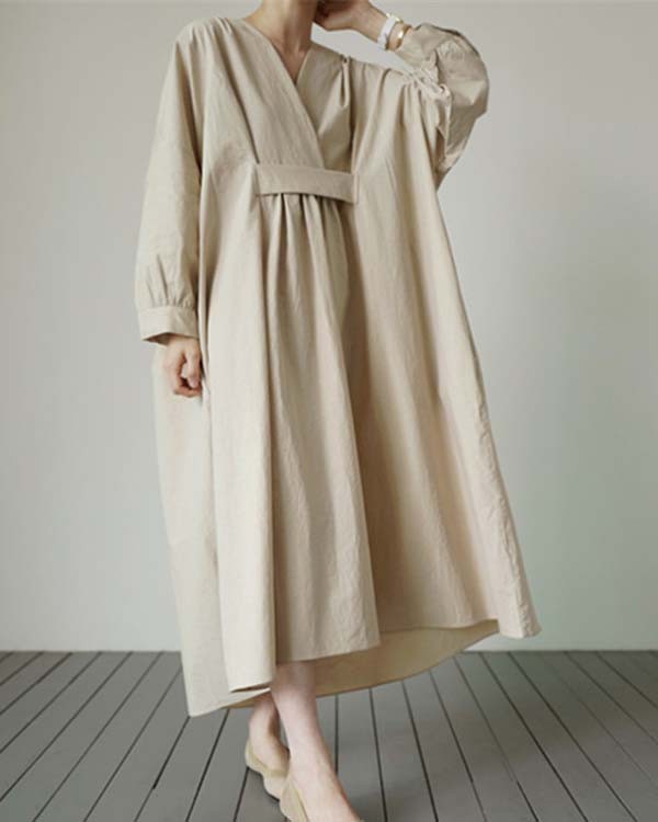 Elegant V-neck Cotton Loose Solid Color Long Dress