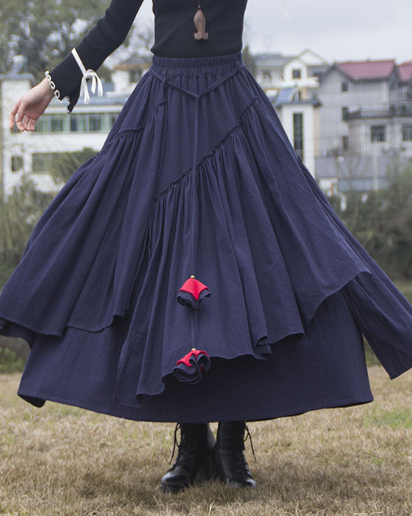 Solid Color Vintage Ethnic Pleated Linen Skirt