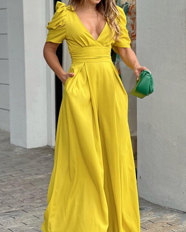 Casual V-neck Solid Color Wide-leg Jumpsuit