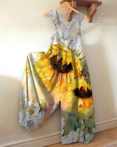 Sunflower Print Loose Jumpsuit