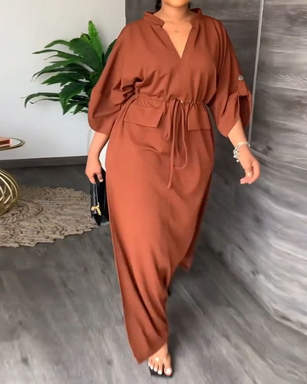 Casual Stand Collar Slit Maxi Tie Dress