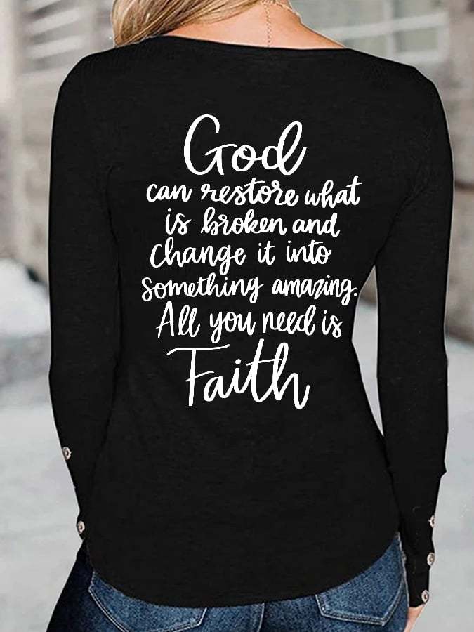Women's All You Need is Faith Cross Print Button Top