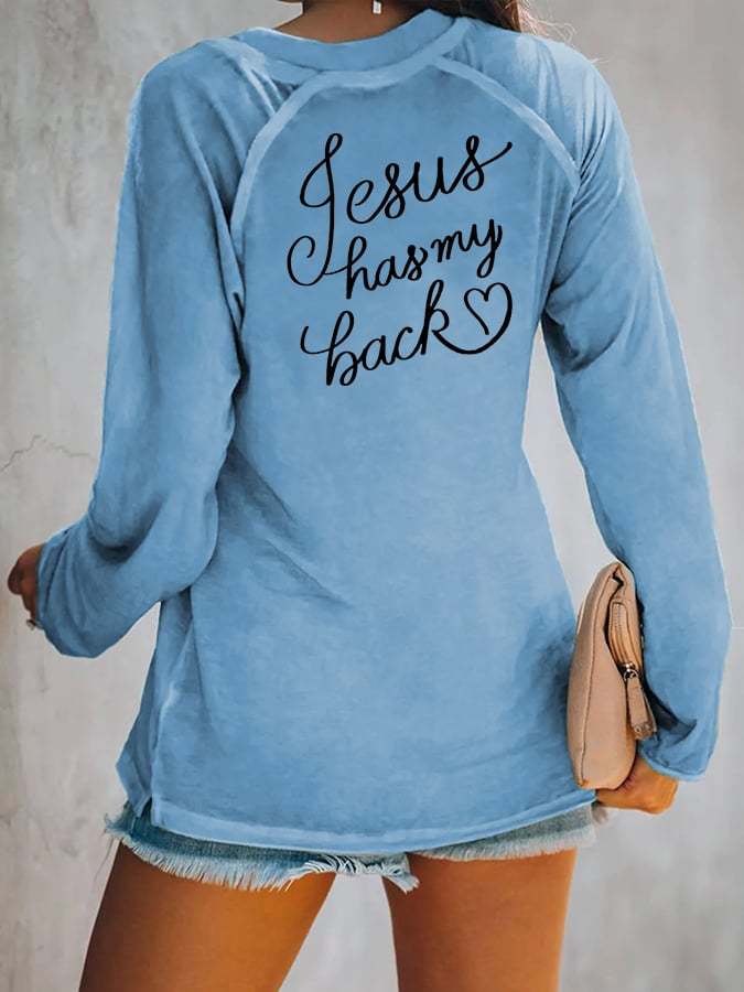 Women's Love Like Jesus Jesus Has My Back Casual V-Neck Long-Sleeve T-Shirt