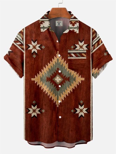 Men's Retro Western Ethnic Stripes Pattern Short Sleeve Shirt