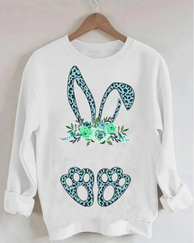 Rabbit Print Loose White Crew Neck Sweatshirt