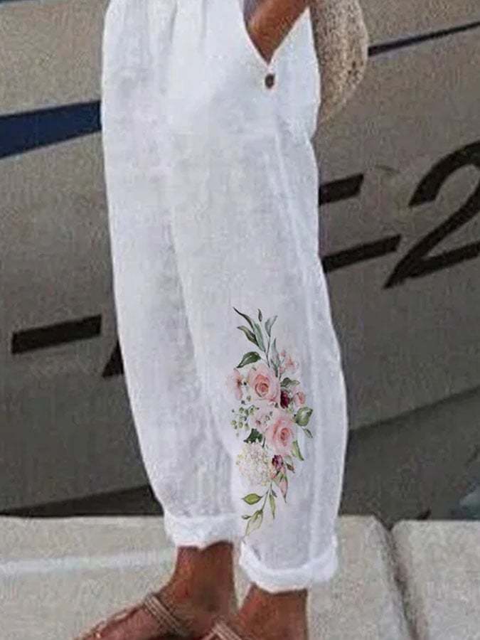 Ladies Cotton Linen Printed Casual Pants