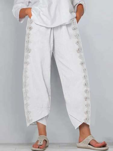 Women's Casual Lace Hollow Cotton And Hemp Trousers