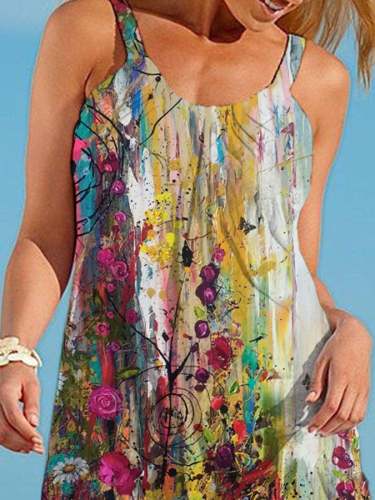 Vacation Abstract Flower Daisy Print Slip Dress