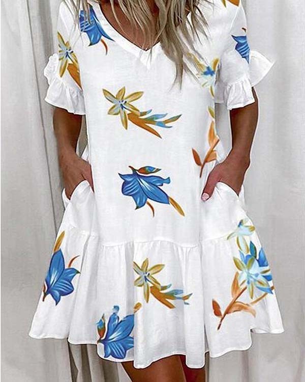 Casual V-neck Floral Print Pocket Panel Mini Dress