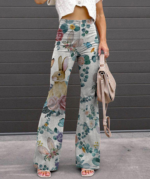 Women's Floral Print Mid Waist Casual Pants