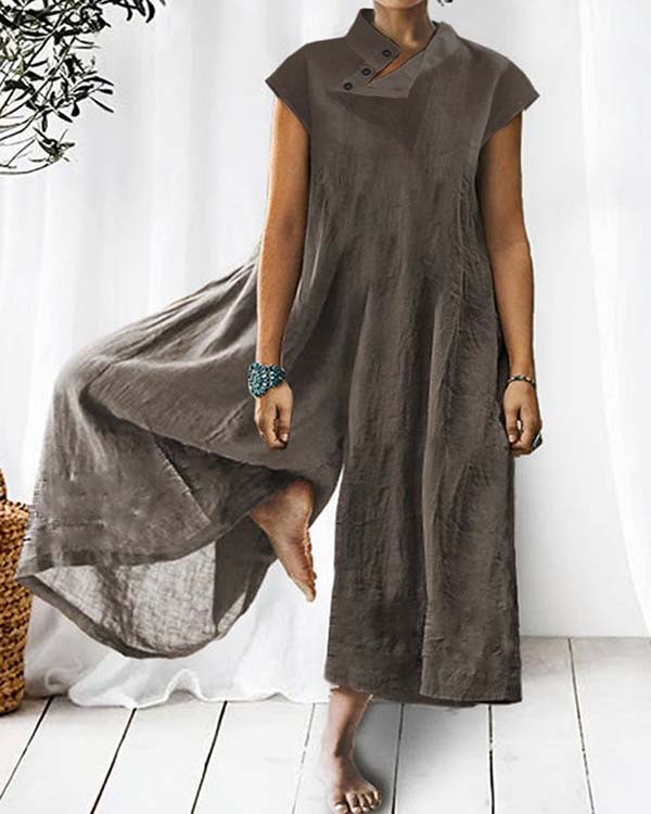 Casual Solid Color Half High Neck Cotton Linen Jumpsuit