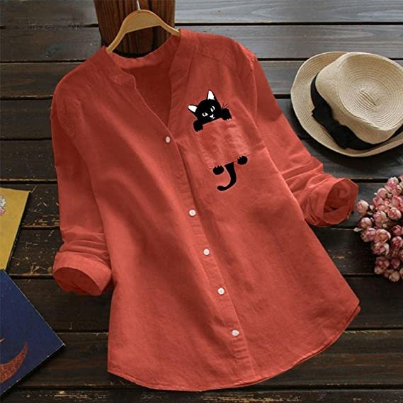 🔥LAST DAY 49% OFF-V-neck Cotton And Cat Print Long Sleeve Blouse