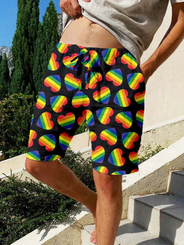 Men's Rainbow Heart Art Leisure Beach Shorts
