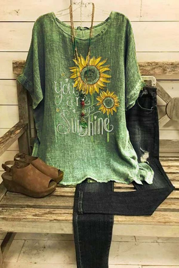 Floral Print Round Neck Short Sleeves T-shirt