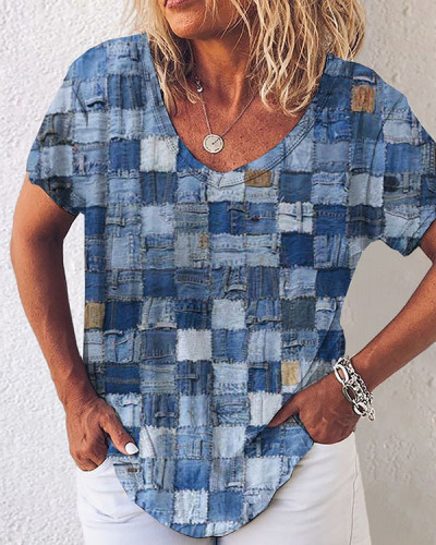 Blue Check Short Sleeve Loose Top