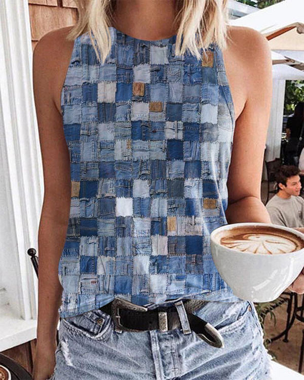 Blue Check Sleeveless Top