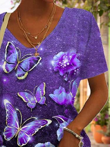 V-neck Purple Butterfly Flower Print T-Shirt