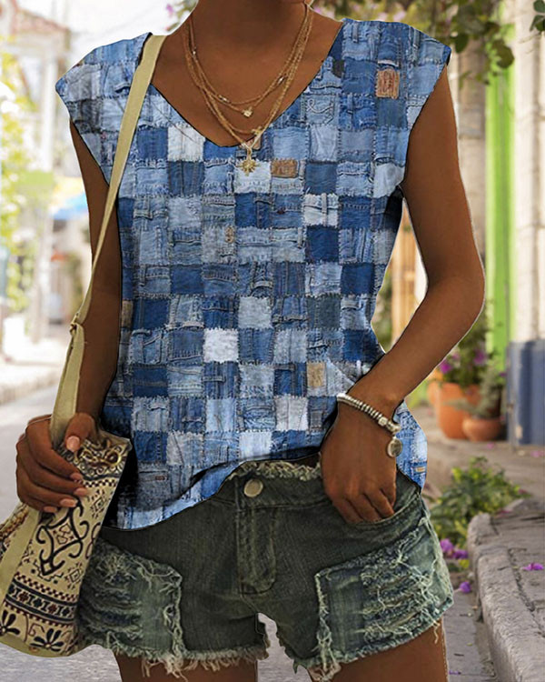 Blue Check Sleeveless Loose Top