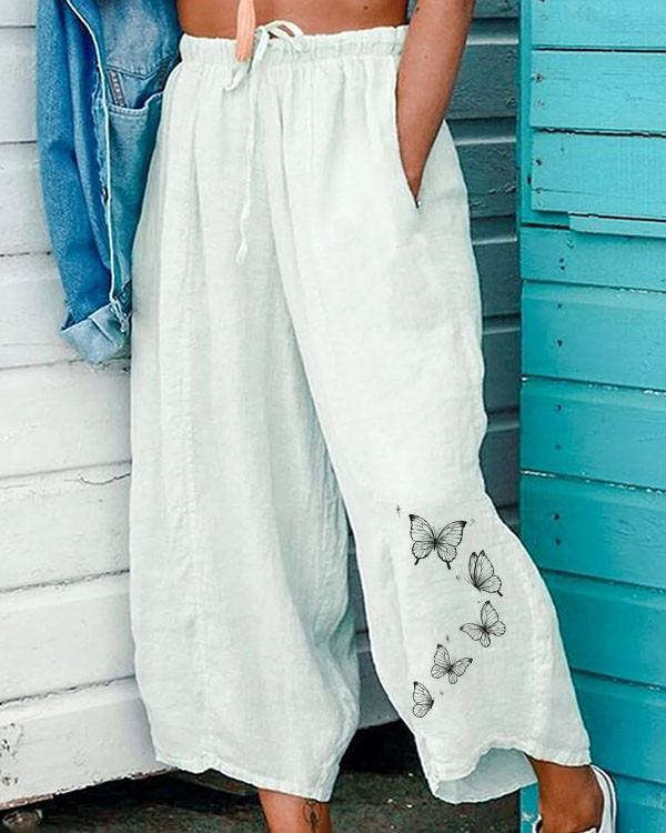 Casual Cotton and Linen Printed Tie Mid-length Loose Pants