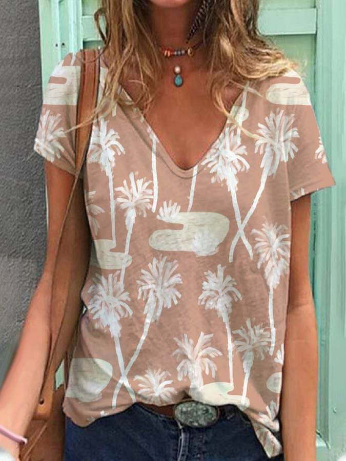 Women's V-neck Coconut Tree Print Short Sleeve T-Shirt