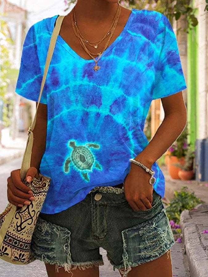 V-neck Tie Dye Sea Turtle Print T-Shirt