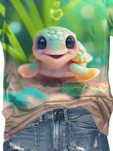 Vintage Cute Sea Turtle Print T-Shirt
