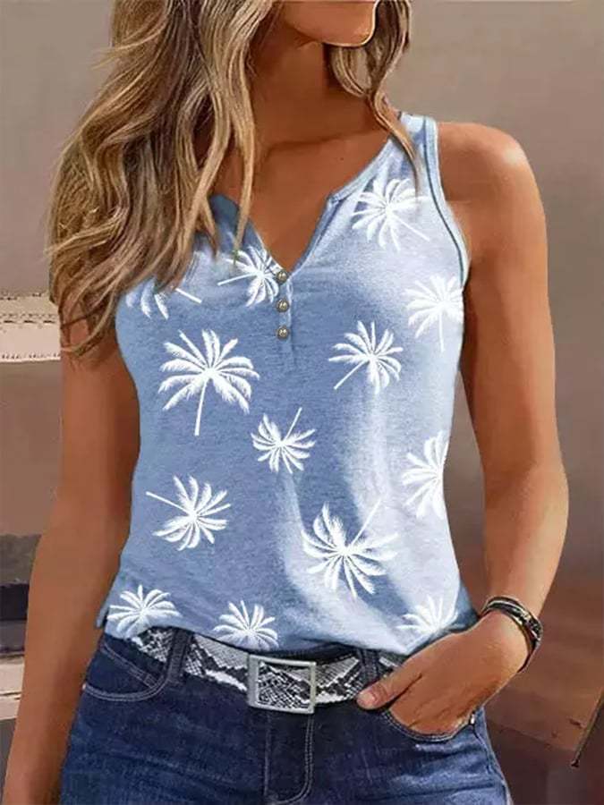 Women's Resort Palm Tree Print Sleeveless Button Tank Top