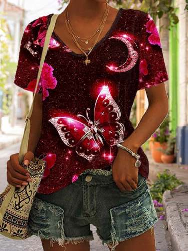 V-neck Butterfly Print T-Shirt