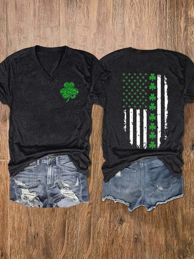 Women's St. Patrick's Day Flag  Shamrock Print V-Neck T-Shirt