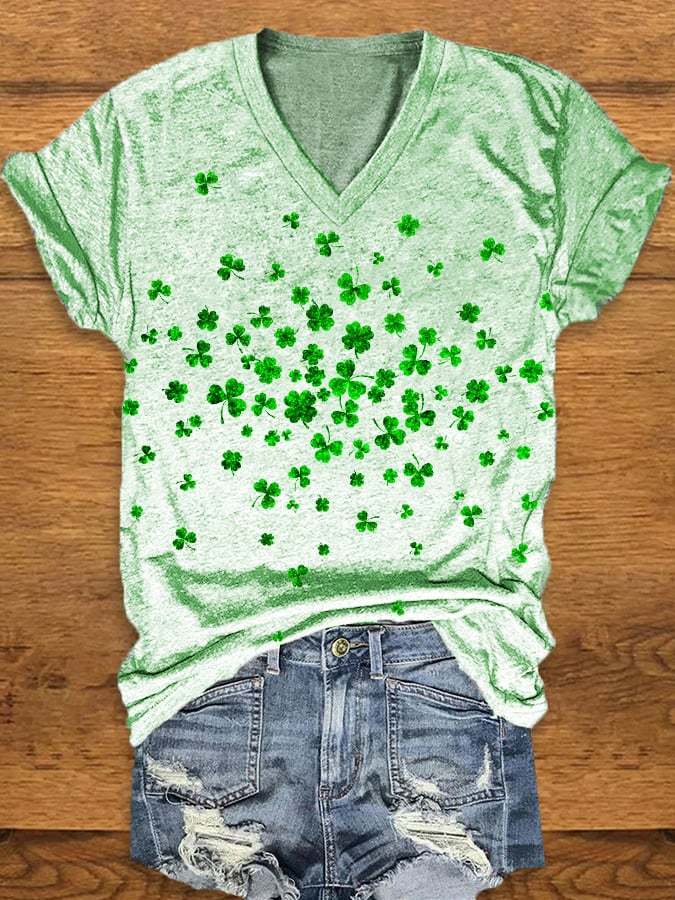 Women's Shiny St. Patrick's Day Print V-Neck Short Sleeve T-Shirt